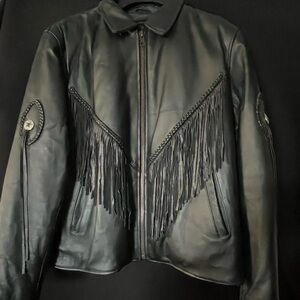 Diamond Supply Co. Black Leather Jacket with Fringe